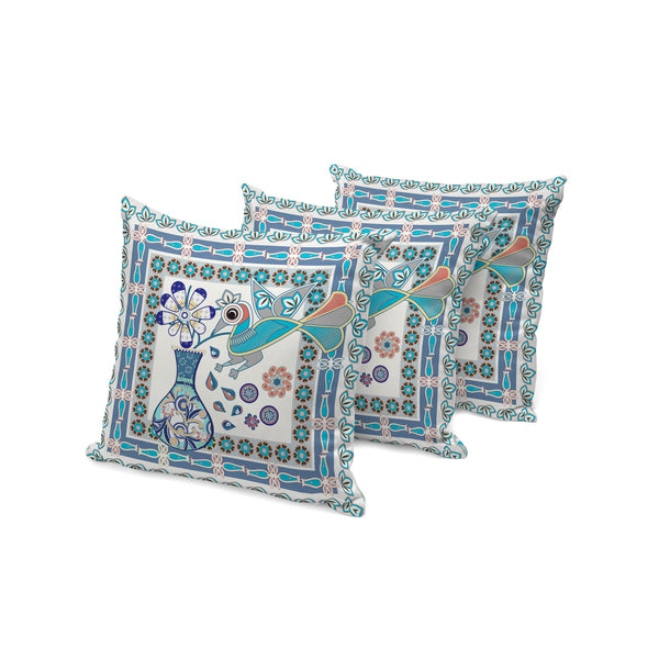 Homeroots Set Of Three 16" X 16" Blue And Off White Peacock Blown Seam Floral Indoor Outdoor Throw Pillow  Polyester 536199