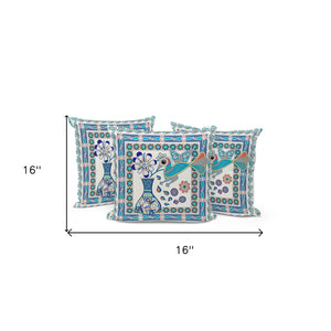 Homeroots Set Of Three 16" X 16" Blue And Off White Peacock Blown Seam Floral Indoor Outdoor Throw Pillow  Polyester 536199