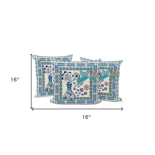 Homeroots Set Of Three 16" X 16" Blue And Off White Peacock Blown Seam Floral Indoor Outdoor Throw Pillow  Polyester 536199