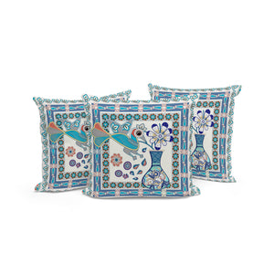 Homeroots Set Of Three 16" X 16" Blue And Off White Peacock Blown Seam Floral Indoor Outdoor Throw Pillow  Polyester 536199
