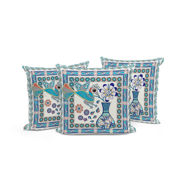 Homeroots Set Of Three 16" X 16" Blue And Off White Peacock Blown Seam Floral Indoor Outdoor Throw Pillow  Polyester 536199