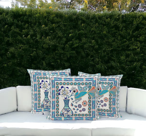 Homeroots Set Of Three 16" X 16" Blue And Off White Peacock Blown Seam Floral Indoor Outdoor Throw Pillow  Polyester 536199