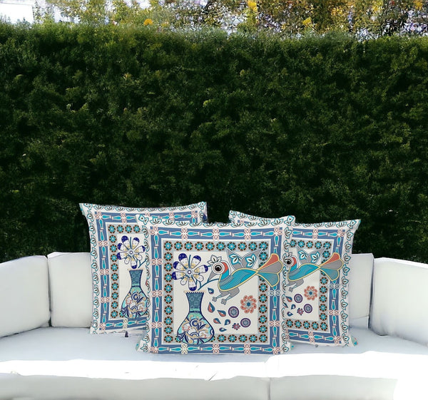 Homeroots Set Of Three 16" X 16" Blue And Off White Peacock Blown Seam Floral Indoor Outdoor Throw Pillow  Polyester 536199
