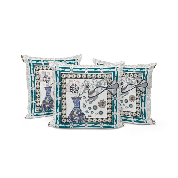 HomeRoots Set of Three Beige and Green Peacock Floral Throw Pillows for Indoor and Outdoor Elegance 536201