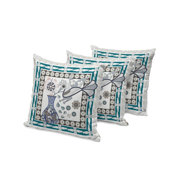 HomeRoots Set of Three Beige and Green Peacock Floral Throw Pillows for Indoor and Outdoor Elegance 536201