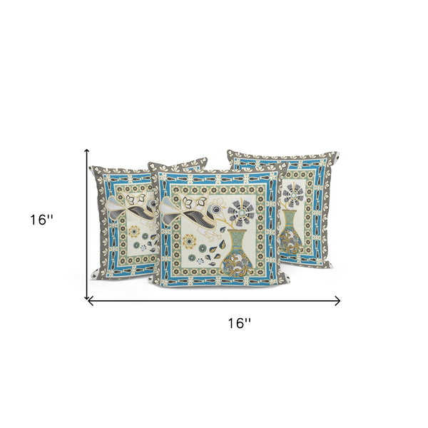 Homeroots Set Of Three 16" X 16" Green And Yellow Peacock Blown Seam Floral Indoor Outdoor Throw Pillow  Polyester 536202