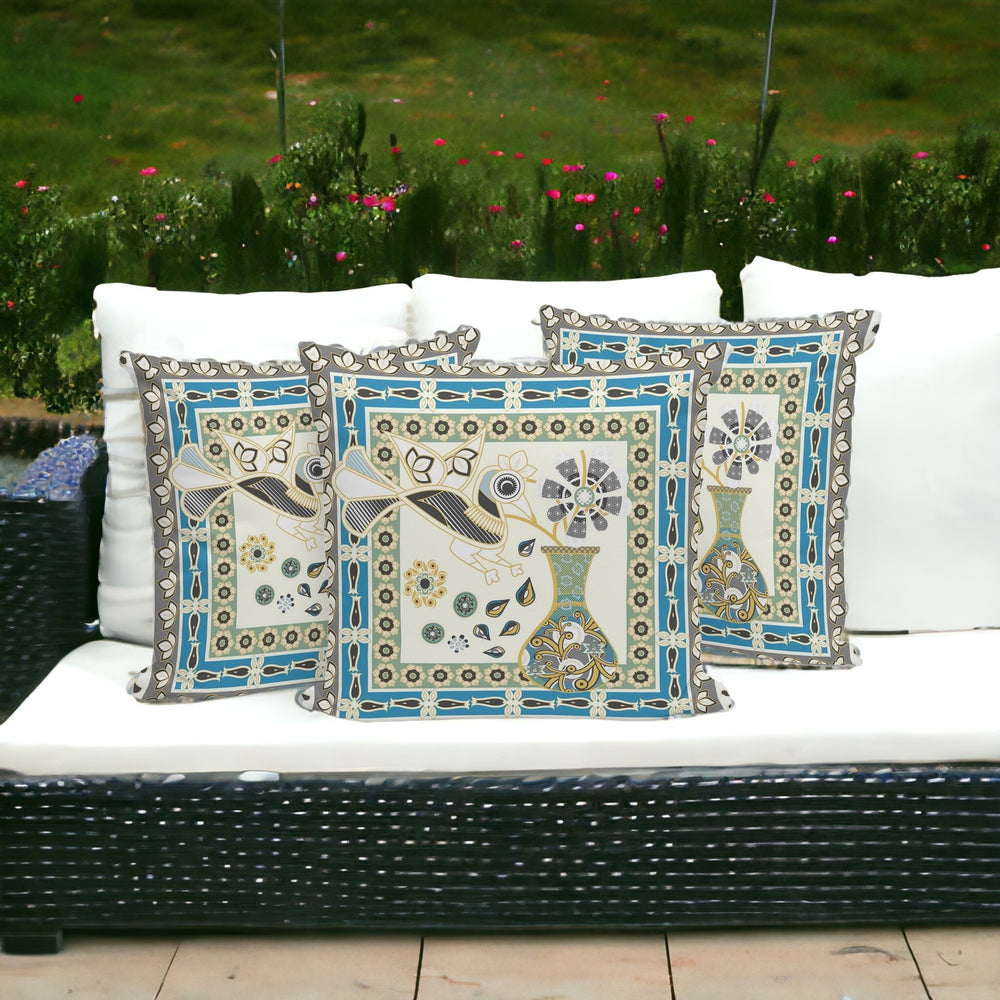 Homeroots Set Of Three 16" X 16" Green And Yellow Peacock Blown Seam Floral Indoor Outdoor Throw Pillow  Polyester 536202