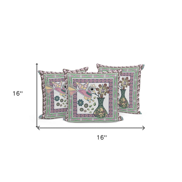 HomeRoots Set of Three 16" Pink and Brown Peacock Floral Throw Pillows for Indoor & Outdoor Style Refresh 536205