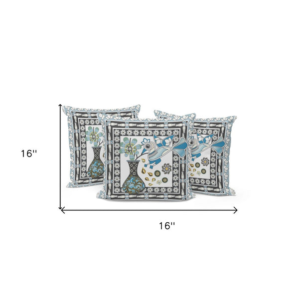 HomeRoots Set of Three 16" Black and White Peacock Floral Throw Pillows for Indoor and Outdoor Décor Style 536207