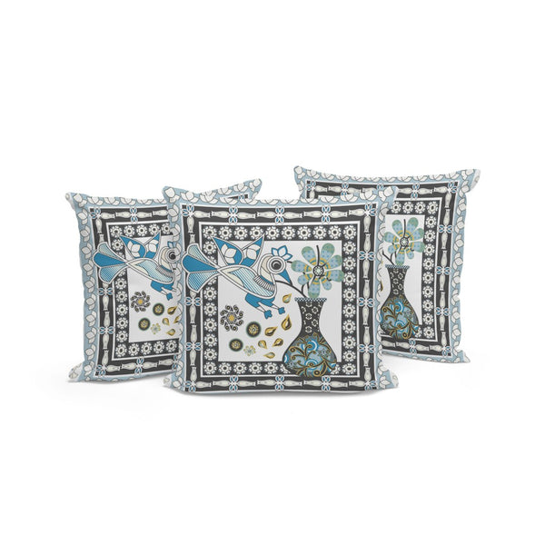 HomeRoots Set of Three 16" Black and White Peacock Floral Throw Pillows for Indoor and Outdoor Décor Style 536207