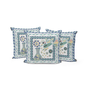 Homeroots Set Of Three 16" X 16" Blue And White Peacock Blown Seam Floral Indoor Outdoor Throw Pillow  Polyester 536210