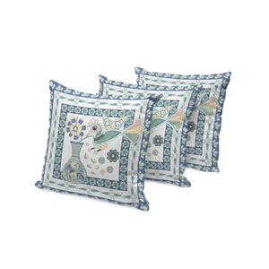 Homeroots Set Of Three 16" X 16" Blue And White Peacock Blown Seam Floral Indoor Outdoor Throw Pillow  Polyester 536210