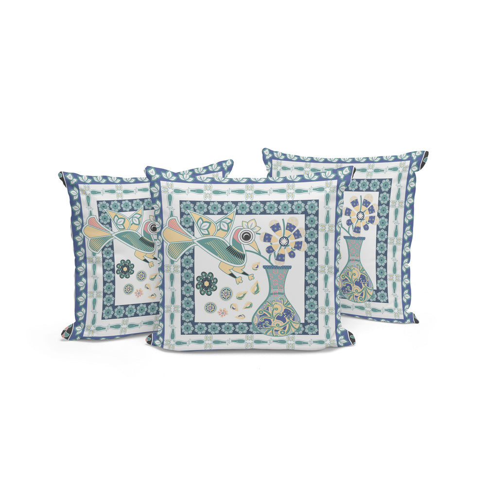Homeroots Set Of Three 16" X 16" Blue And White Peacock Blown Seam Floral Indoor Outdoor Throw Pillow  Polyester 536210