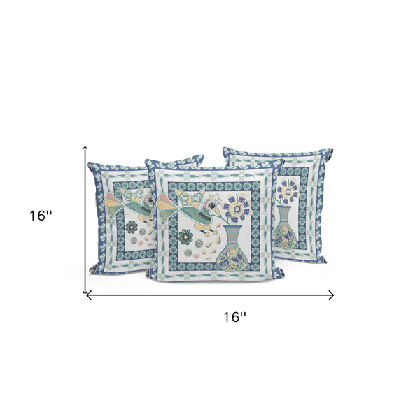 Homeroots Set Of Three 16" X 16" Blue And White Peacock Blown Seam Floral Indoor Outdoor Throw Pillow  Polyester 536210