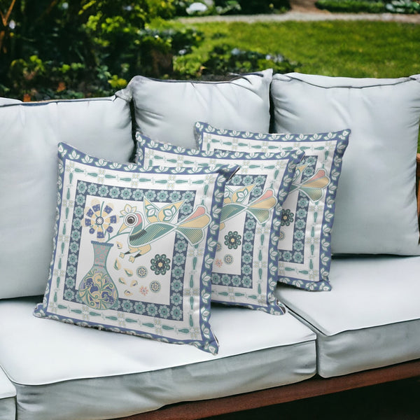 Homeroots Set Of Three 16" X 16" Blue And White Peacock Blown Seam Floral Indoor Outdoor Throw Pillow  Polyester 536210