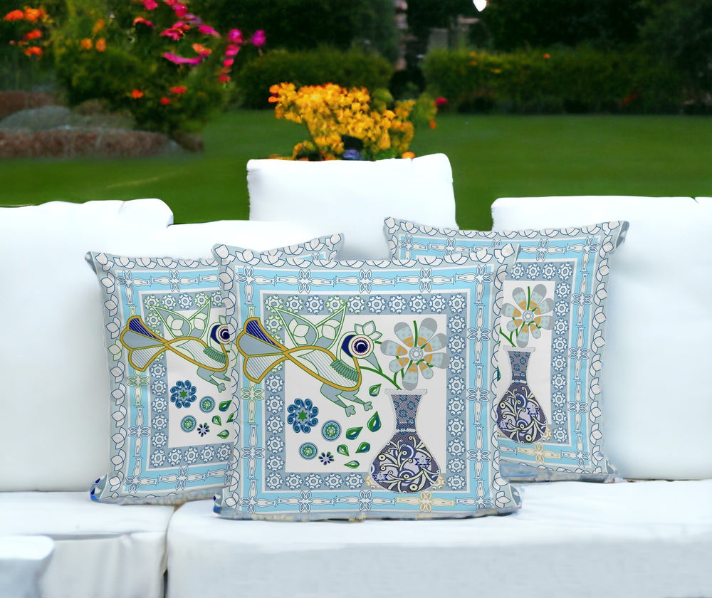 Homeroots Set Of Three 16" X 16" Gray And White Peacock Blown Seam Floral Indoor Outdoor Throw Pillow  Polyester 536212