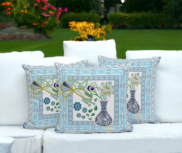 Homeroots Set Of Three 16" X 16" Gray And White Peacock Blown Seam Floral Indoor Outdoor Throw Pillow  Polyester 536212