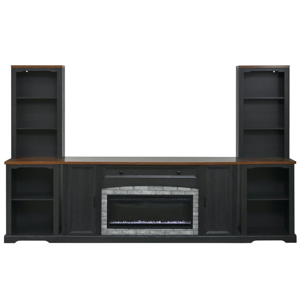 English Elm 3-piece Farmhouse Entertainment Center with Curved Cabinets Walnut Mdf Modular Living Room Black N721S000072B