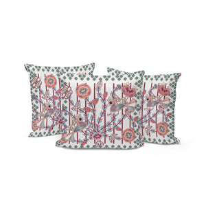 HomeRoots Set of Three 16" Peacock Floral Throw Pillows – Vibrant Red & White Indoor-Outdoor Cushions 536238