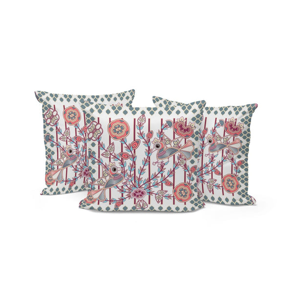 HomeRoots Set of Three 16" Peacock Floral Throw Pillows – Vibrant Red & White Indoor-Outdoor Cushions 536238