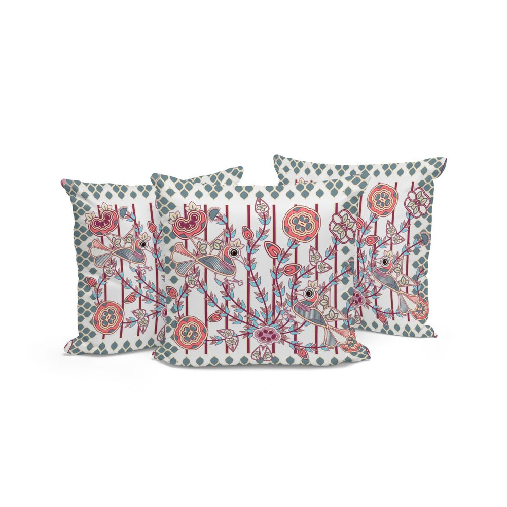 HomeRoots Set of Three 16" Peacock Floral Throw Pillows – Vibrant Red & White Indoor-Outdoor Cushions 536238