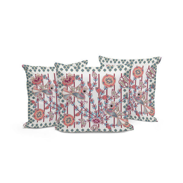 HomeRoots Set of Three 16" Peacock Floral Throw Pillows – Vibrant Red & White Indoor-Outdoor Cushions 536238