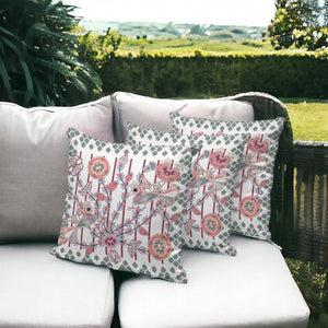 HomeRoots Set of Three 16" Peacock Floral Throw Pillows – Vibrant Red & White Indoor-Outdoor Cushions 536238