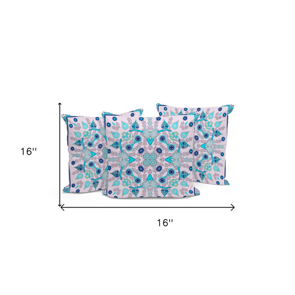 HomeRoots Set of Three 16" X 16" Paisley Throw Pillows in Blue and Pink – Indoor/Outdoor Comfort & Style! 536259
