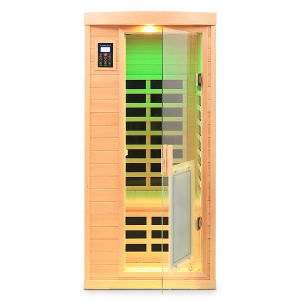 English Elm Low Emf Hemlock Wood Far Infrared Single Sauna with Glass Door and Bluetooth Audio W632S00028
