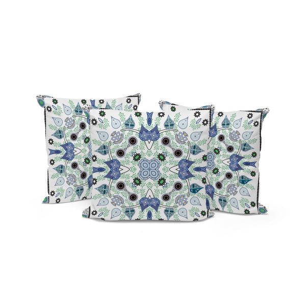 HomeRoots Set of Three 16" X 16" Durable Blue and Off-White Paisley Throw Pillows for Indoor/Outdoor Use 536268