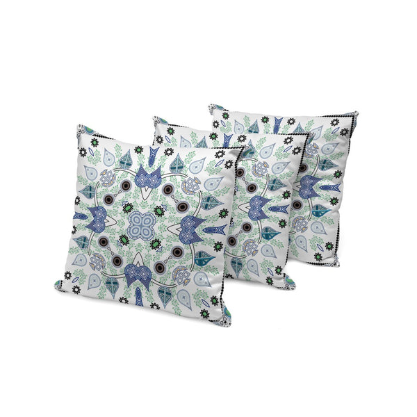 HomeRoots Set of Three 16" X 16" Durable Blue and Off-White Paisley Throw Pillows for Indoor/Outdoor Use 536268
