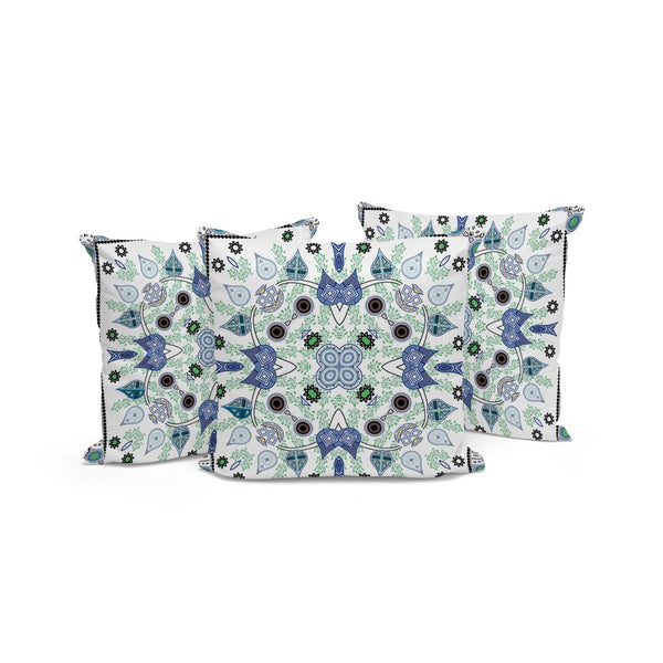 HomeRoots Set of Three 16" X 16" Durable Blue and Off-White Paisley Throw Pillows for Indoor/Outdoor Use 536268