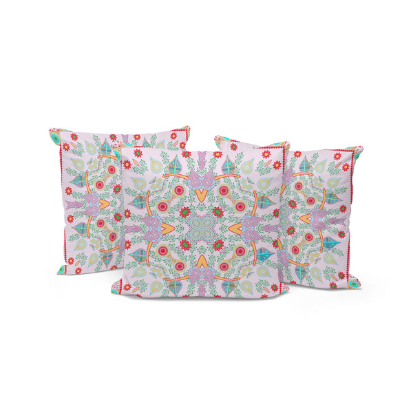 Homeroots Set Of Three 16" X 16" Red And Pink Blown Seam Paisley Indoor Outdoor Throw Pillow  Polyester 536273