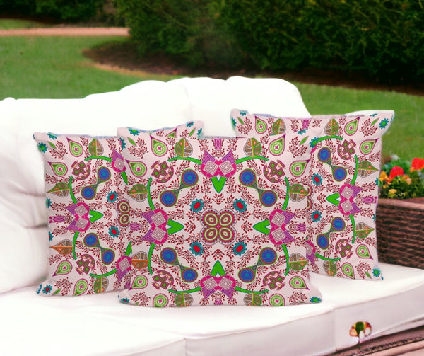 HomeRoots Set of Three 16" Pink & Green Paisley Indoor-Outdoor Throw Pillows for Stylish Comfort & Durability 536281