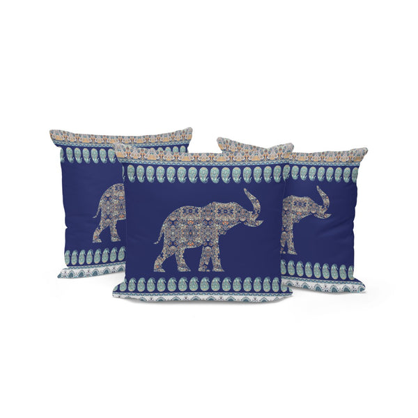 HomeRoots Set of Three 16" Paisley Elephant Throw Pillows in Blue and Green for Indoor & Outdoor Decor 536288
