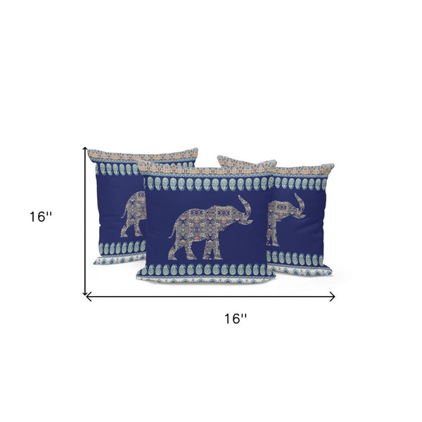 HomeRoots Set of Three 16" Paisley Elephant Throw Pillows in Blue and Green for Indoor & Outdoor Decor 536288