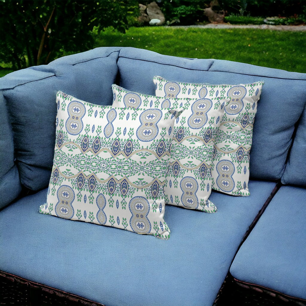 Homeroots Set Of Three 16" X 16" Beige And Green Blown Seam Paisley Indoor Outdoor Throw Pillow  Polyester 536292