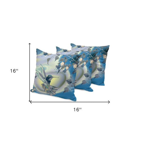 HomeRoots Set of Three 16" Blue and Yellow Bird Floral Throw Pillows for Indoor & Outdoor Vibrant Accent 536295