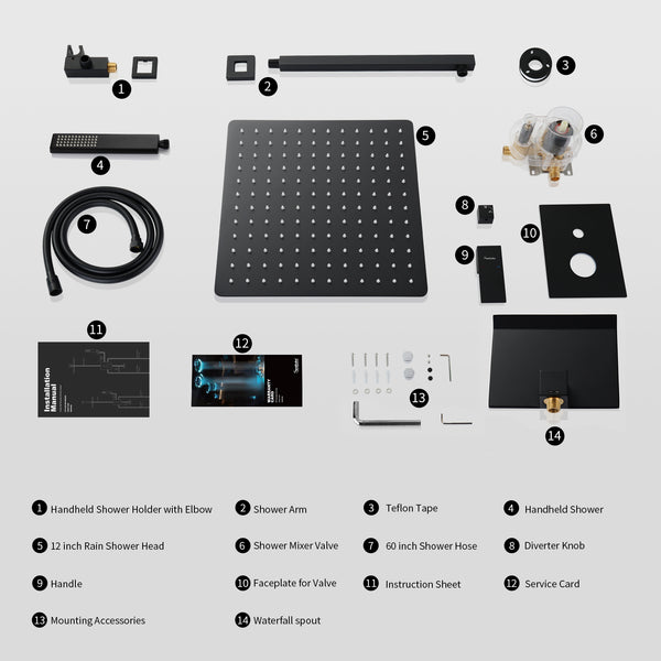 English Elm Male Npt Bathtub Shower Faucet Set – Luxurious Matte Black Rain Shower & Waterfall Tub System T3177P277544