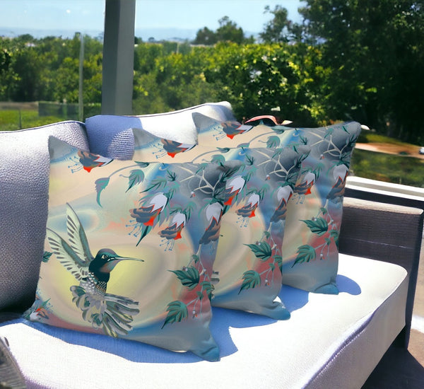HomeRoots Set of Three Blue and Yellow Bird Floral Throw Pillows - Brighten Your Indoor & Outdoor Space! 536301