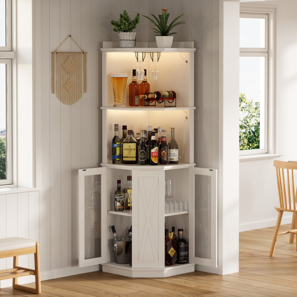 English Elm 67.3" Farmhouse Corner Bar Cabinet Led Lit Wine Storage with Built-in Power Outlets N735P361423K