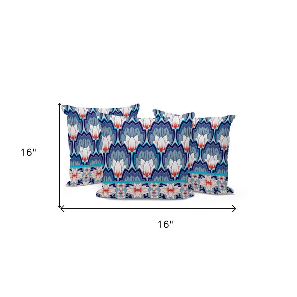 HomeRoots Set of Three 16" Blue and Orange Botanical Throw Pillows with Plush Inserts for Indoor & Outdoor Use 536348