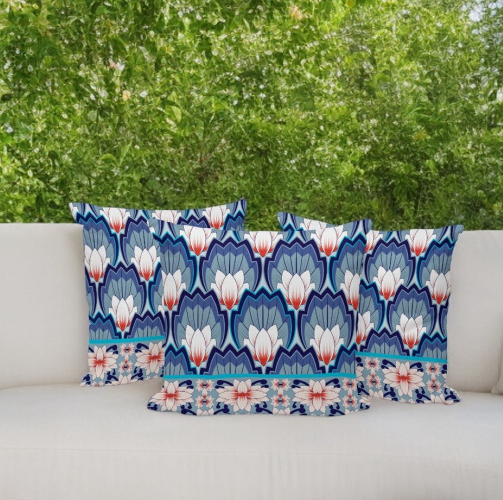 HomeRoots Set of Three 16" Blue and Orange Botanical Throw Pillows with Plush Inserts for Indoor & Outdoor Use 536348