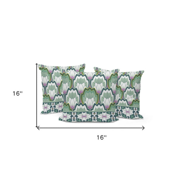 HomeRoots Set of Three 16" Botanical Green and Pink Throw Pillow Covers with Inserts for Indoor/Outdoor Decor 536349