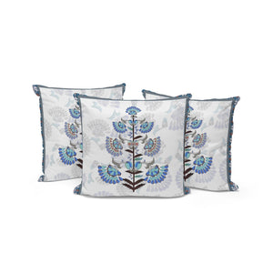 HomeRoots Set of Three 16" Blue and Off-White Botanical Throw Pillows for Indoor/Outdoor Comfort & Style 536358