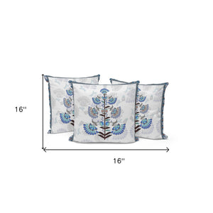 HomeRoots Set of Three 16" Blue and Off-White Botanical Throw Pillows for Indoor/Outdoor Comfort & Style 536358