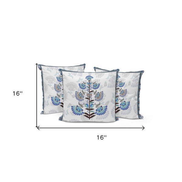 HomeRoots Set of Three 16" Blue and Off-White Botanical Throw Pillows for Indoor/Outdoor Comfort & Style 536358