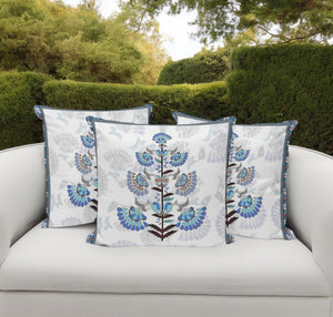 HomeRoots Set of Three 16" Blue and Off-White Botanical Throw Pillows for Indoor/Outdoor Comfort & Style 536358