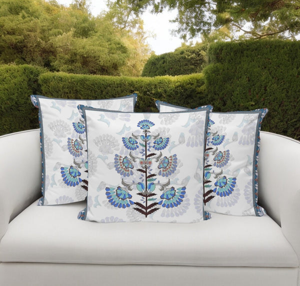 HomeRoots Set of Three 16" Blue and Off-White Botanical Throw Pillows for Indoor/Outdoor Comfort & Style 536358