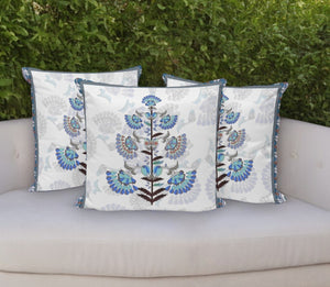 HomeRoots Set of Three 16" Blue and Off-White Botanical Throw Pillows for Indoor/Outdoor Comfort & Style 536358